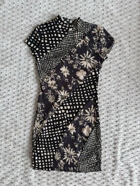 Urban Outfitters Black and Cream Patchwork Print Mini Dress